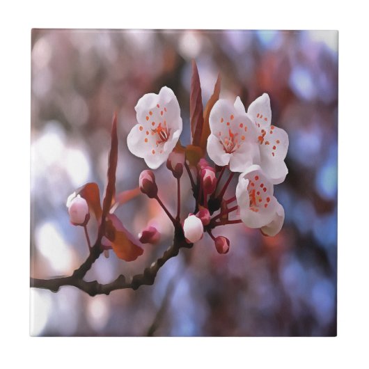 さくらんぼの花房とピンクとブルー タイル (正面)