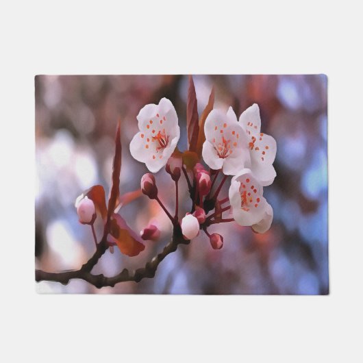 さくらんぼの花房とピンクとブルー ドアマット (正面)