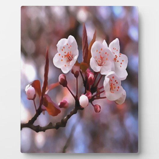 さくらんぼの花房とピンクとブルー フォトプラーク (正面)