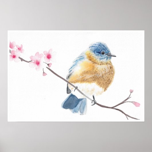 さくらんぼの花枝の水色ブルーバード ポスター (正面)