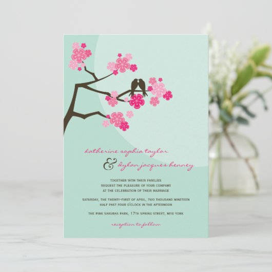 さくらんぼの花桜ラブバードの結婚式の招待 招待状 (スタンド正面)