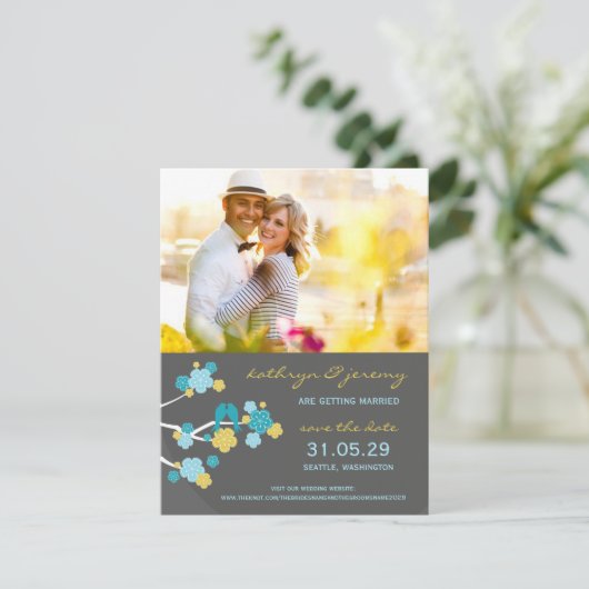 さくらんぼの花桜ラブバード日付を保存 招待状 (スタンド正面)