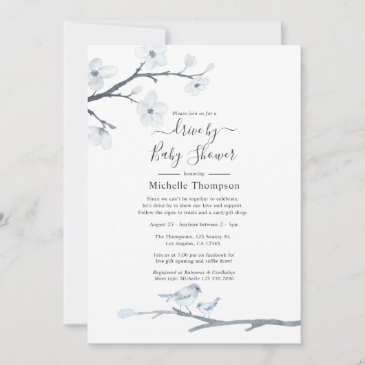 さくらんぼの花鳥のフローラは赤ちゃんシャワーでドライブ 招待状 (正面)