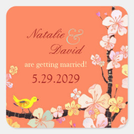 さくらんぼの花鳥の結婚式の日付を保存 スクエアシール