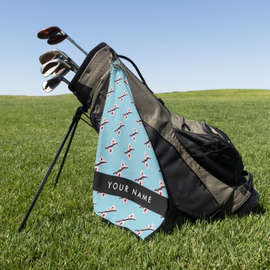 さくらんぼの花、ピンクの桜、あなたの名前 ゴルフタオル (グリーン)