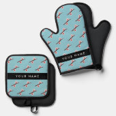 さくらんぼの花、ピンクの桜、あなたの名前 鍋つかみ&鍋敷きセット (正面/裏面)