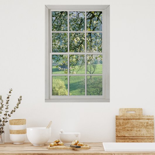 さくらんぼの花 – フェイクホワイトウィンドウ(1 0f 3) ポスター (キッチン)