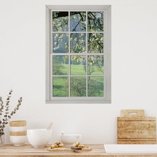 さくらんぼの花 – フェイクホワイトウィンドウ(3) ポスター (キッチン)