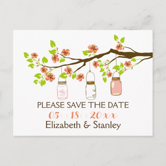 さくらんぼの花、メイスンジャーズの結婚式の日付を保存 案内ポストカード (正面)