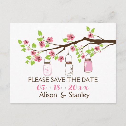 さくらんぼの花、メイスンジャーズの結婚式の日付を保存 案内ポストカード (正面)