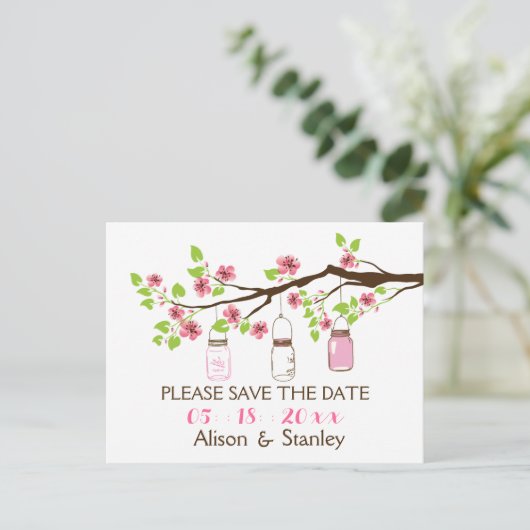 さくらんぼの花、メイスンジャーズの結婚式の日付を保存 案内ポストカード (スタンド正面)