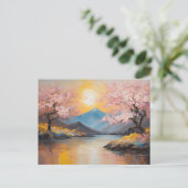 さくらんぼの花、山の景色の上の夕日 ポストカード (スタンド正面)