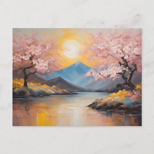 さくらんぼの花、山の景色の上の夕日 ポストカード (正面)