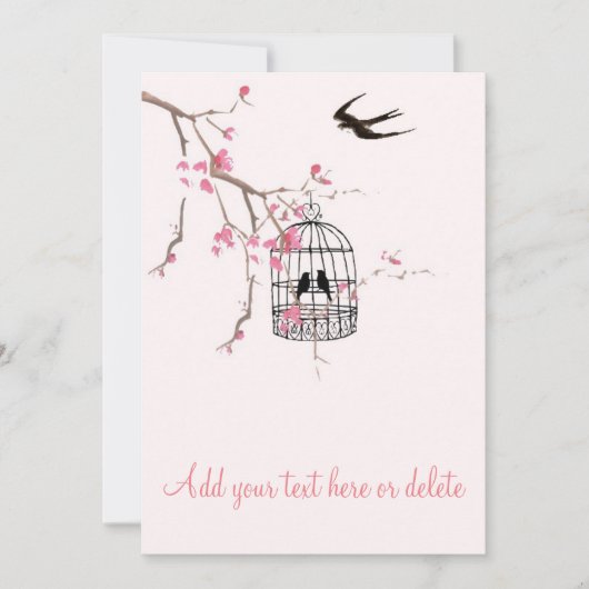 さくらんぼの花、鳥かご、鳥のカード、に招待する 招待状 (正面)