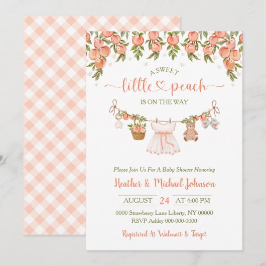 さくらんぼの衣類ひも少女ベイビーシャワー 招待状 (正面/裏面)