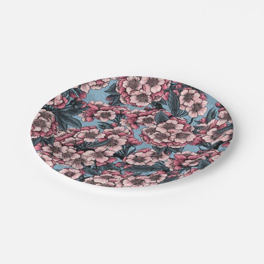 さくらんぼはピンクと青で咲く ペーパープレート (アングル)