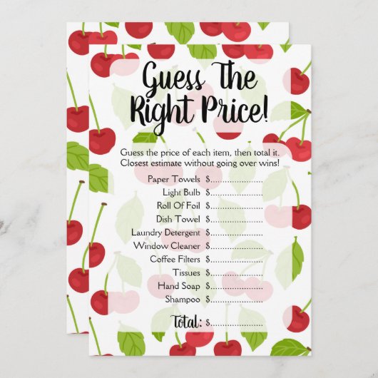 さくらんぼは価格を推測ブライダルシャワーゲームさくらんぼ 招待状 (正面/裏面)