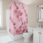 さくらんぼは白い背景にピンク色の花を咲かせる。 シャワーカーテン (インサイチュ)