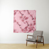 さくらんぼは白い背景にピンク色の花を咲かせる。 タペストリー (インサイチュ)