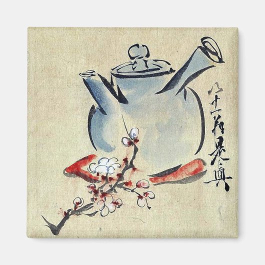 さくらんぼまたは梅の花のティーポット浮世絵 マグネット (正面)