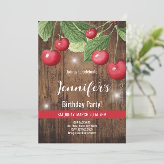 さくらんぼをテーマにした誕生日パーティー 招待状 (スタンド正面)