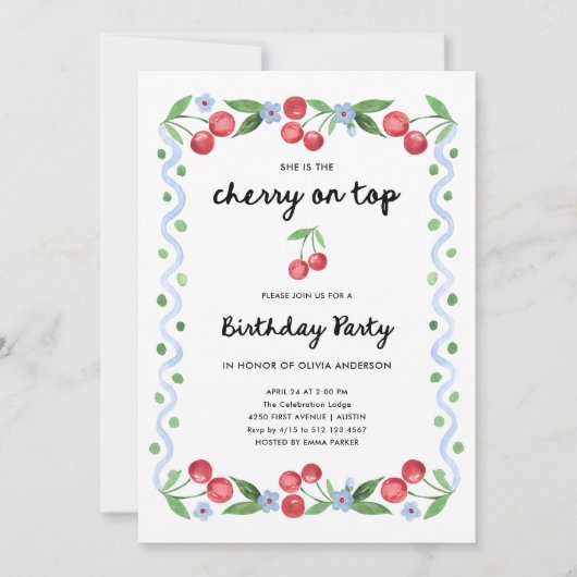 さくらんぼを上 | お洒落ヴィンテージ誕生会 招待状 (正面)