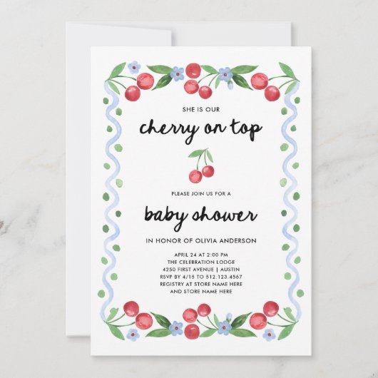 さくらんぼを上 | かわいいお洒落ヴィンテージベビーシャワー 招待状 (正面)