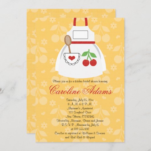 さくらんぼエプロンブライダルシャワー招待イエローとR 招待状 (正面/裏面)
