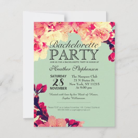 さくらんぼエレガントの花が咲く素朴ティール（緑がかった色） 招待状 (正面)