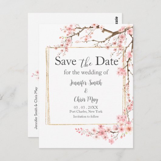 さくらんぼエレガントの花の結婚式の日付を保存 ポストカード (正面/裏面)