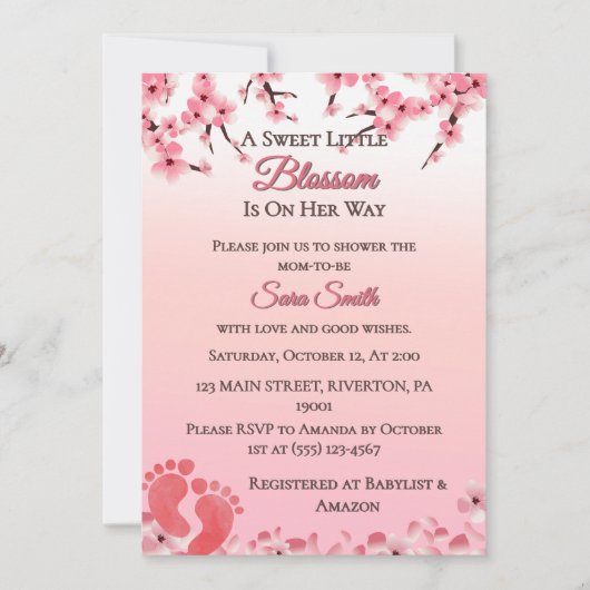 さくらんぼエレガントブロッサムピンクフローラベビーシャワー 招待状 (正面)
