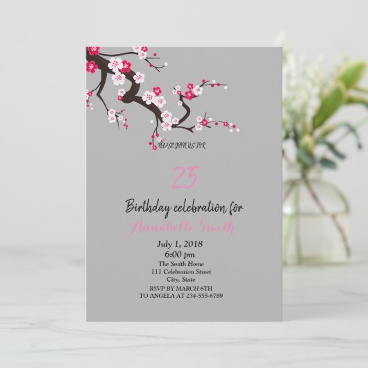 さくらんぼエレガントブロッサムピンクホワイトフローラ誕生日 招待状 (スタンド正面)