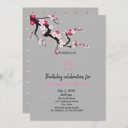 さくらんぼエレガントブロッサムピンクホワイトフローラ誕生日 招待状 (正面/裏面)