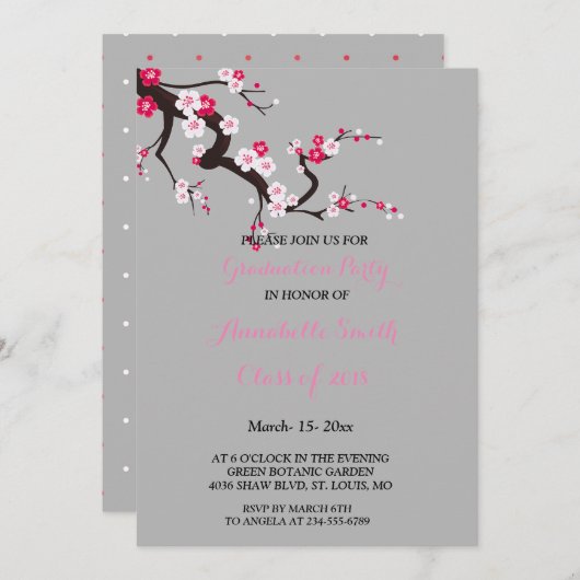 さくらんぼエレガントブロッサムピンクホワイト卒業パーティー 招待状 (正面/裏面)