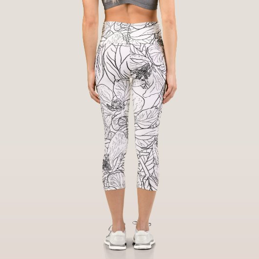 さくらんぼエレガントブロッサムフラワーズ白黒ボタニック カプリレギンス (裏面)