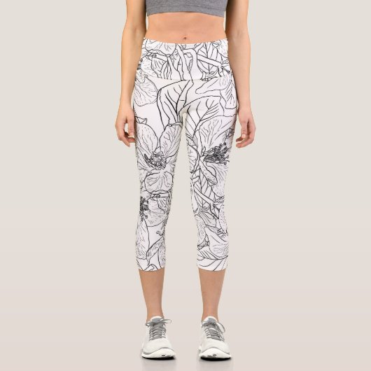 さくらんぼエレガントブロッサムフラワーズ白黒ボタニック カプリレギンス (正面)