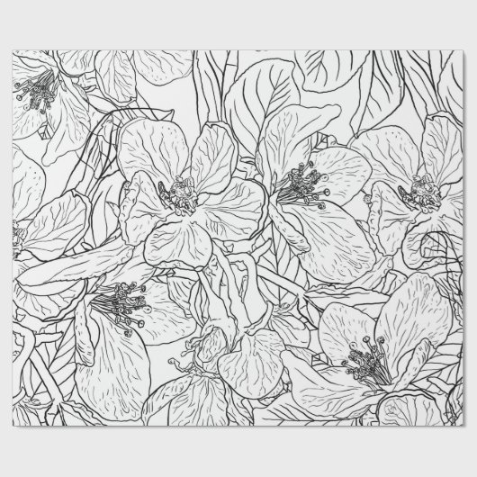 さくらんぼエレガントブロッサムフラワーズ白黒ボタニック ラッピングペーパー (フラット)