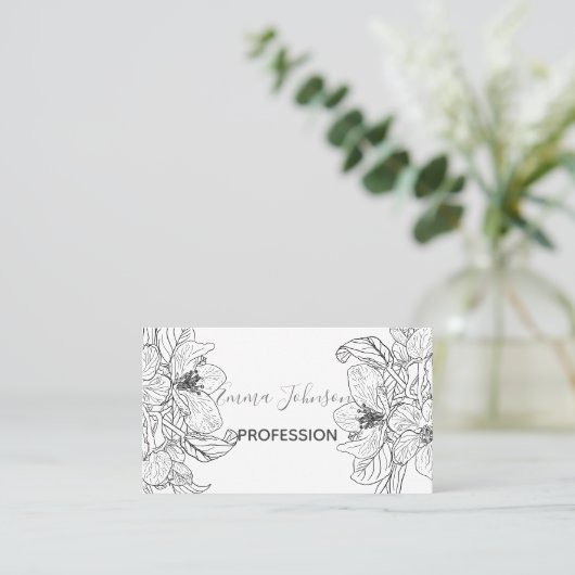 さくらんぼエレガントブロッサムフラワーズ白黒ボタニック 名刺 (スタンド正面)