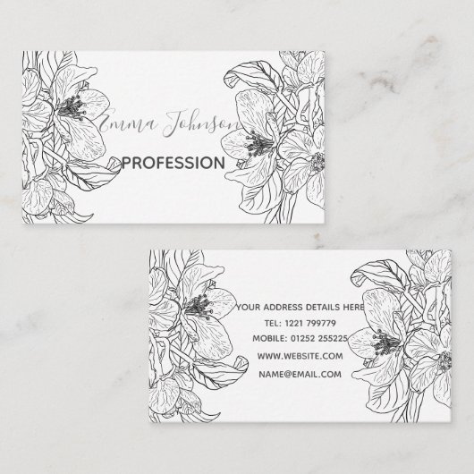 さくらんぼエレガントブロッサムフラワーズ白黒ボタニック 名刺 (正面/裏面)