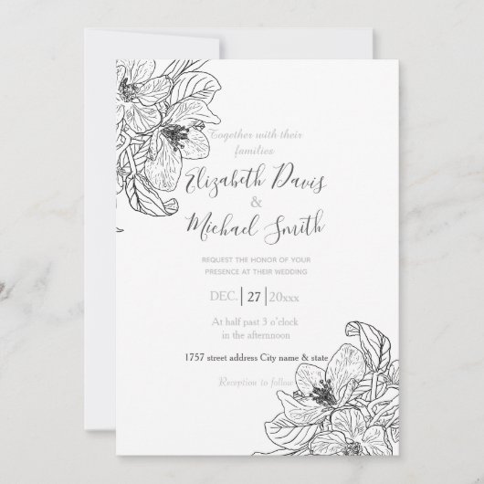 さくらんぼエレガントブロッサムフラワーズ白黒ボタニック 招待状 (正面)