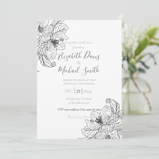 さくらんぼエレガントブロッサムフラワーズ白黒ボタニック 招待状 (スタンド正面)