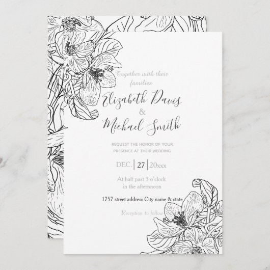 さくらんぼエレガントブロッサムフラワーズ白黒ボタニック 招待状 (正面/裏面)