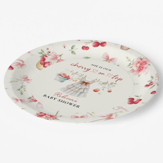 さくらんぼオンエレガントピンクボウベイビーシャワー ペーパープレート (アングル)