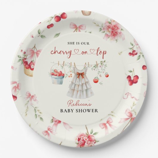 さくらんぼオンエレガントピンクボウベイビーシャワー ペーパープレート (正面)