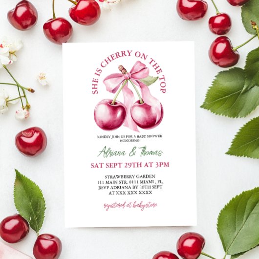 さくらんぼオンザトップバウ赤ちゃんシャワー 招待状