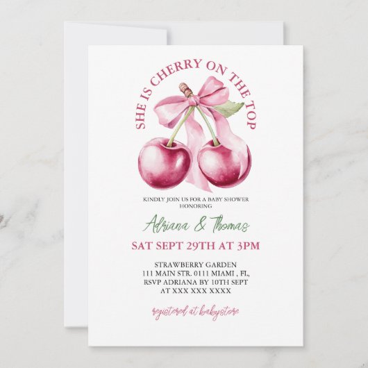 さくらんぼオンザトップバウ赤ちゃんシャワー 招待状 (正面)