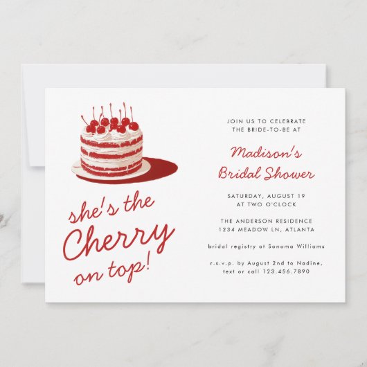 さくらんぼオントップおもしろいレッドケーキ結婚ズブライダルシャワー 招待状 (正面)