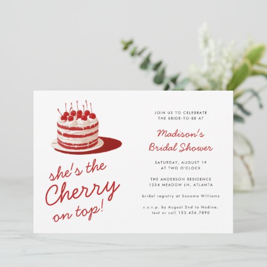 さくらんぼオントップおもしろいレッドケーキ結婚ズブライダルシャワー 招待状 (スタンド正面)