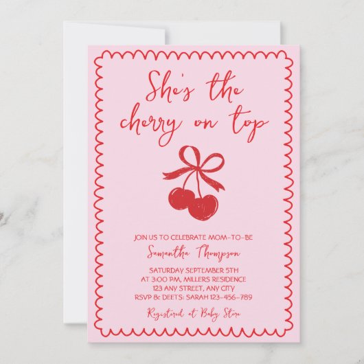 さくらんぼオントップかわいい手を引いた赤ちゃん女の子シャワー 招待状 (正面)