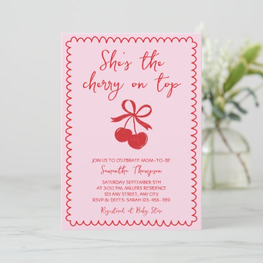 さくらんぼオントップかわいい手を引いた赤ちゃん女の子シャワー 招待状 (スタンド正面)